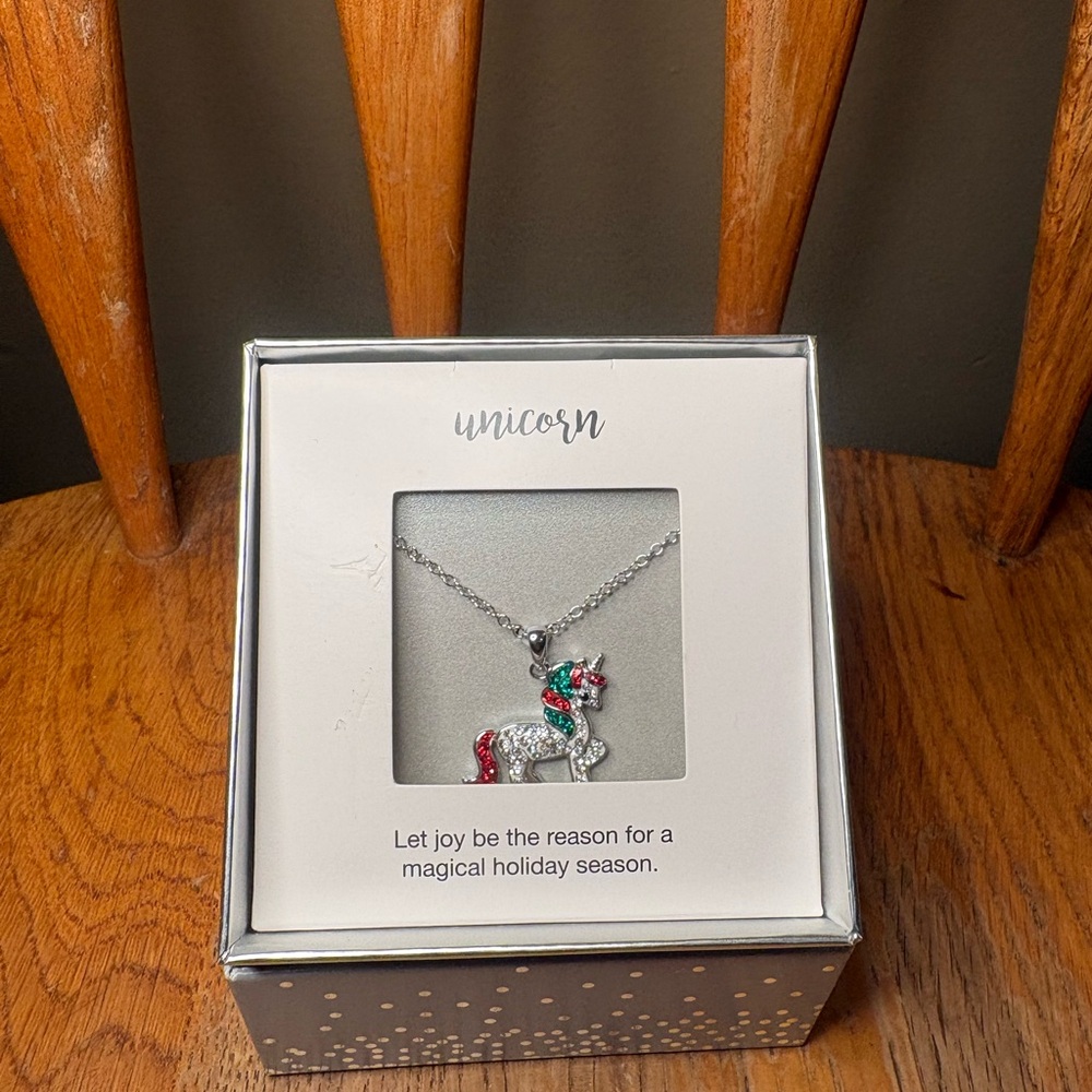 Unicorn Silver Necklace with Red and Green Accents